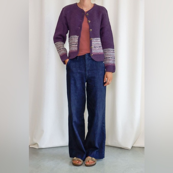 Tally Ho Vintage Fairisle Wool Cardigan Sweater Purple sz Small - Picture 3 of 6